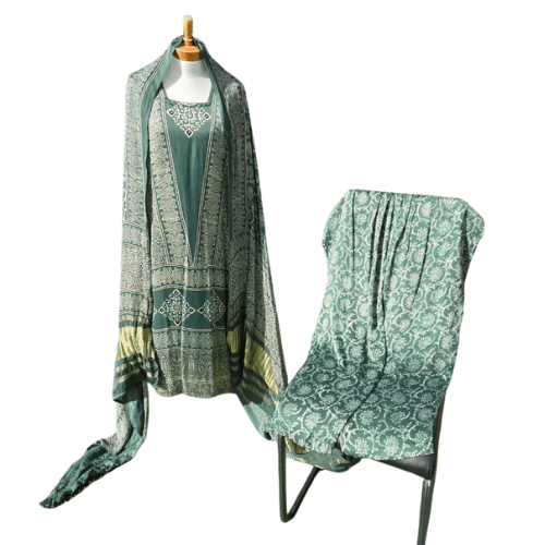 Green Ajrak Salwar Kameez – Pure Modal Fabric with Jari Border Dupatta