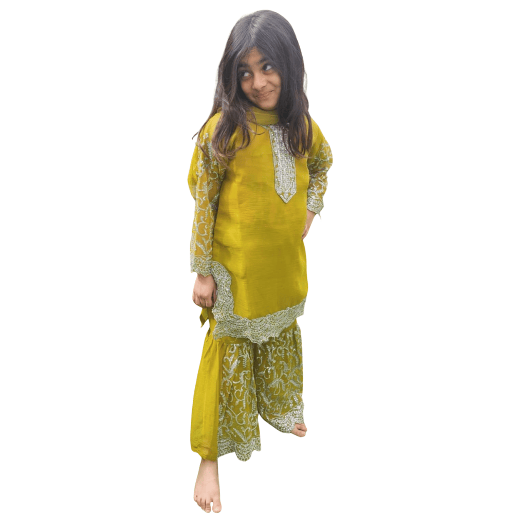 Olive Green Chiffon Kids Sharara Suit – Ethnic Wear for Girls