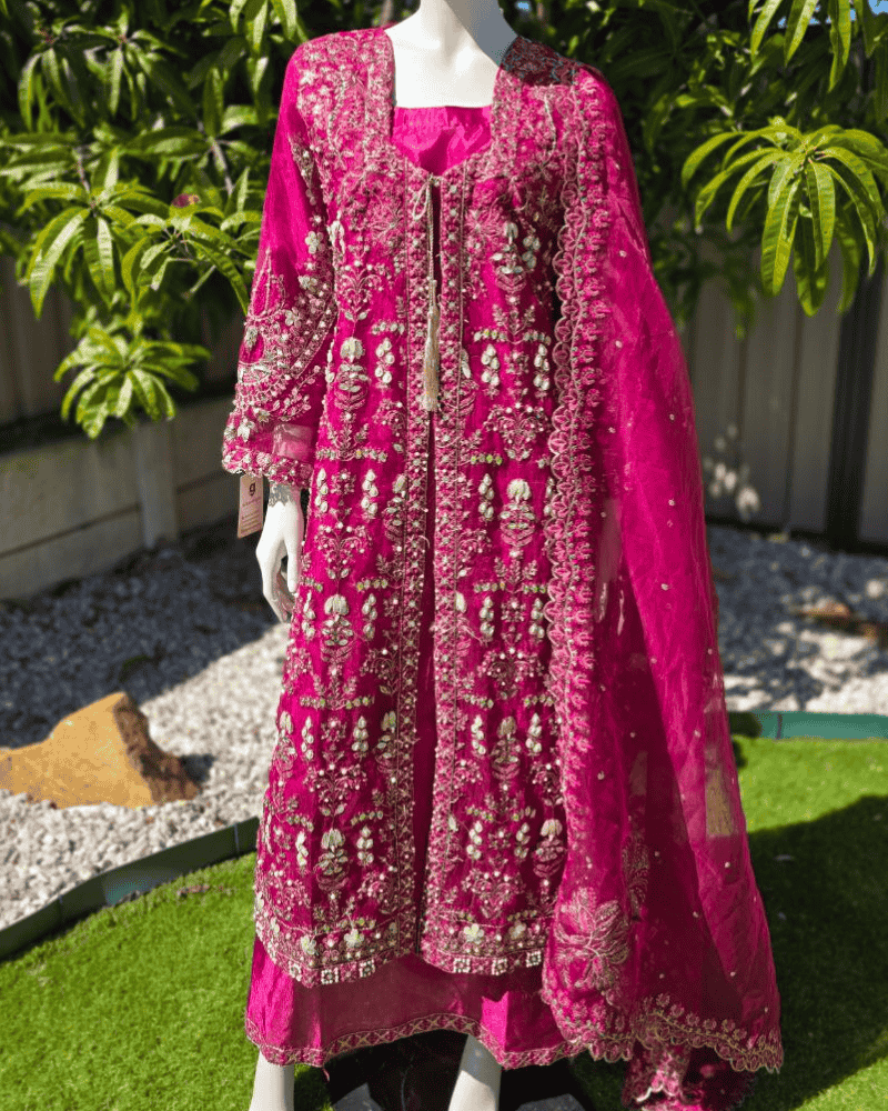 Dark Magenta Pakistani Gown – Embroidered Organza Dupatta