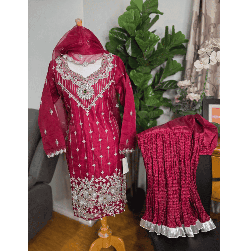 Maroon Pakistani Salwar Suit – Organza with Silver Embroidery
