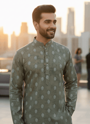 Green Linen Cotton Men’s Kurta with Printed Design 3