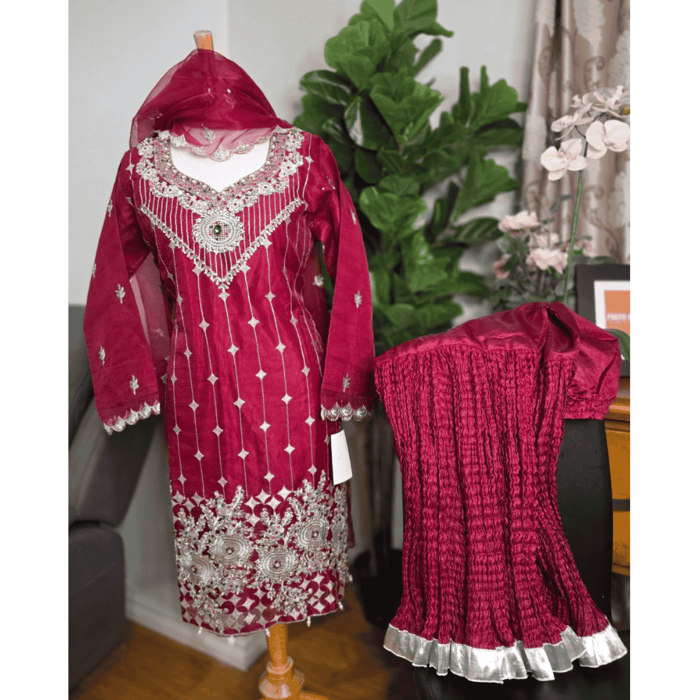 Maroon Pakistani Salwar Suit – Organza with Silver Embroidery