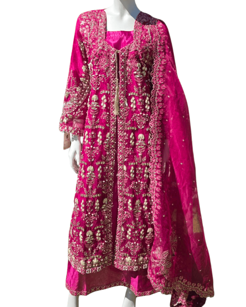 Dark Magenta Pakistani Gown – Embroidered Organza Dupatta