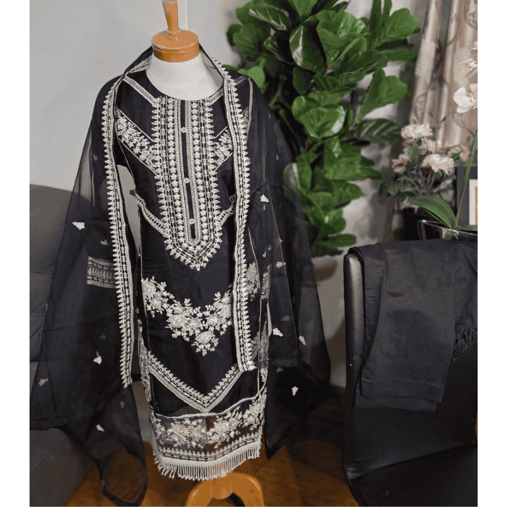 Black Pakistani Salwar Suit – Organza with Embroidery & Cotton Pajama