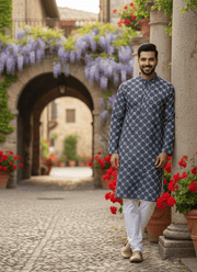 Dark Ash Men’s Kurta with Embroidery & Sequence Work 4