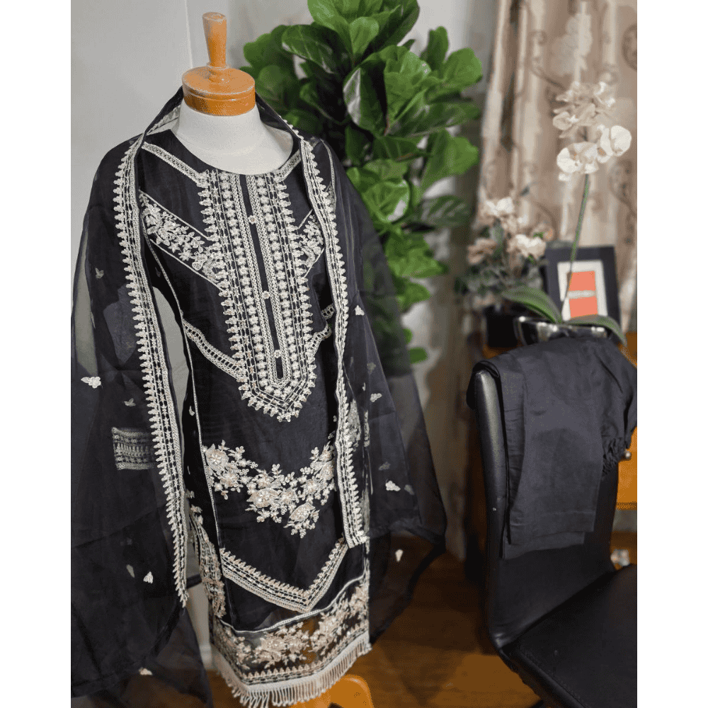 Black Pakistani Salwar Suit – Organza with Embroidery & Cotton Pajama
