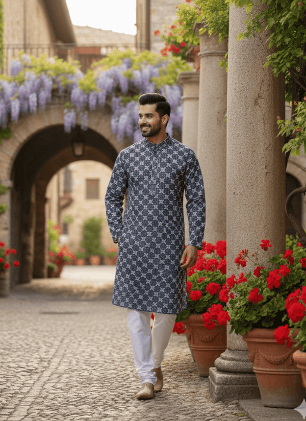 Grey men's kurta – embroidery close-up