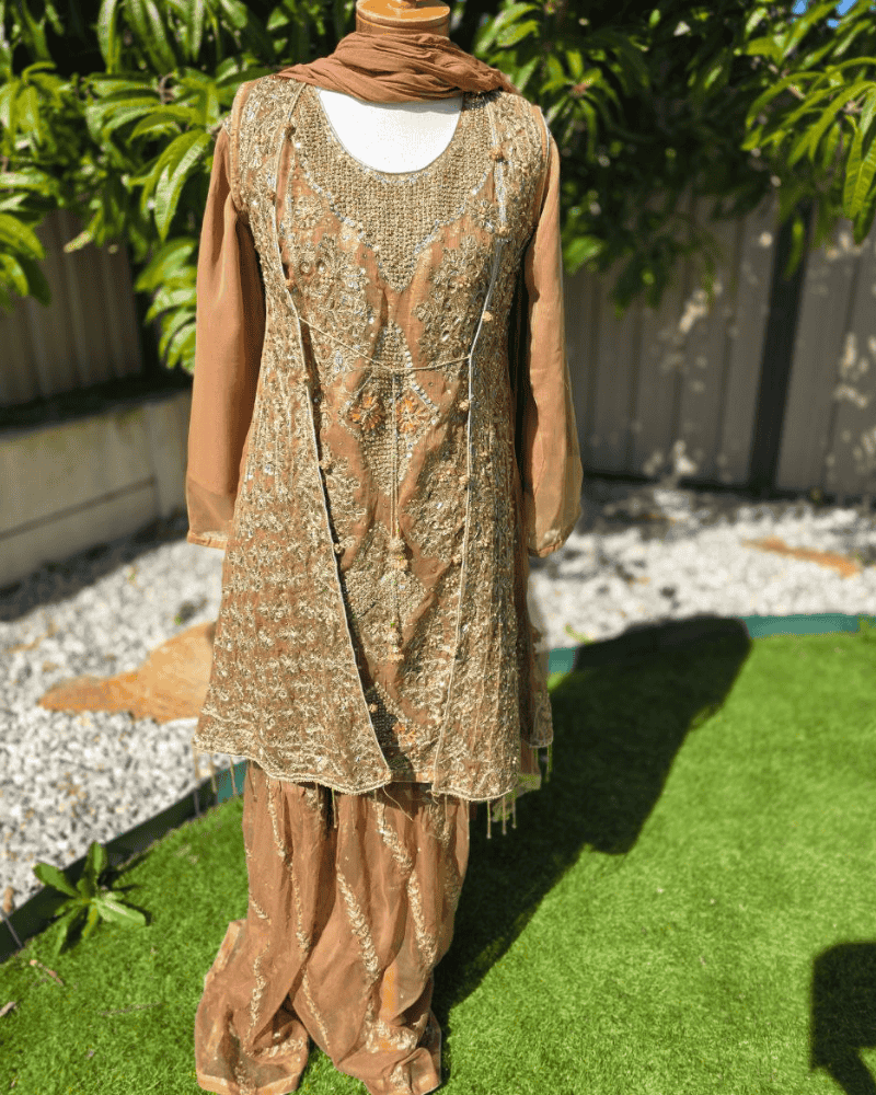 Brown Pakistani Dress – Embroidered Chiffon 4-Piece Set