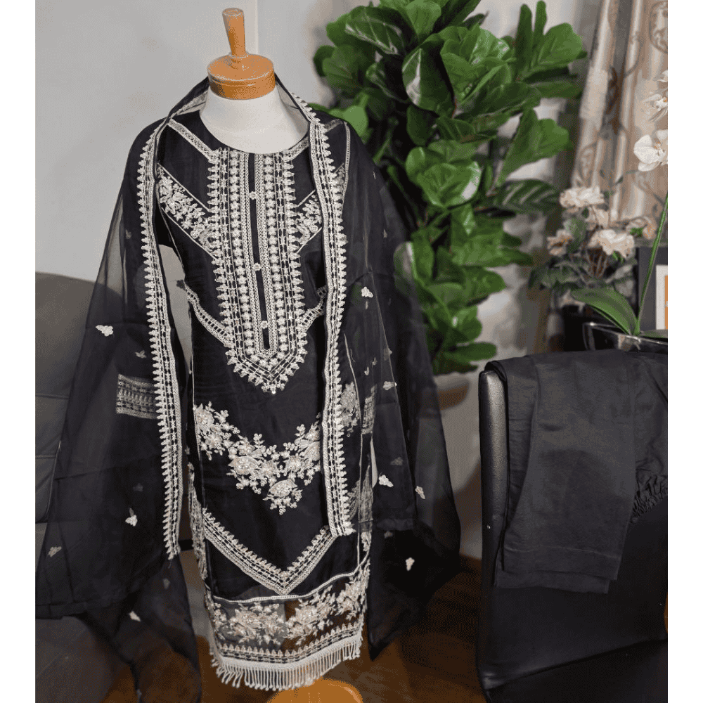 Black Pakistani Salwar Suit – Organza with Embroidery & Cotton Pajama