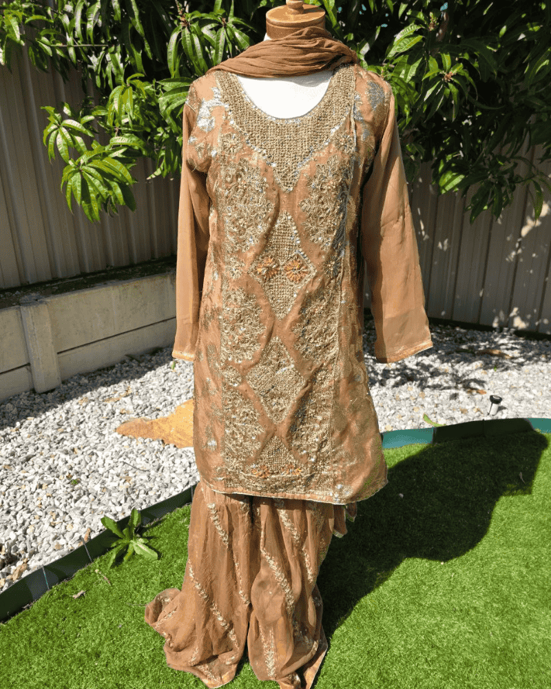 Brown Pakistani Dress – Embroidered Chiffon 4-Piece Set