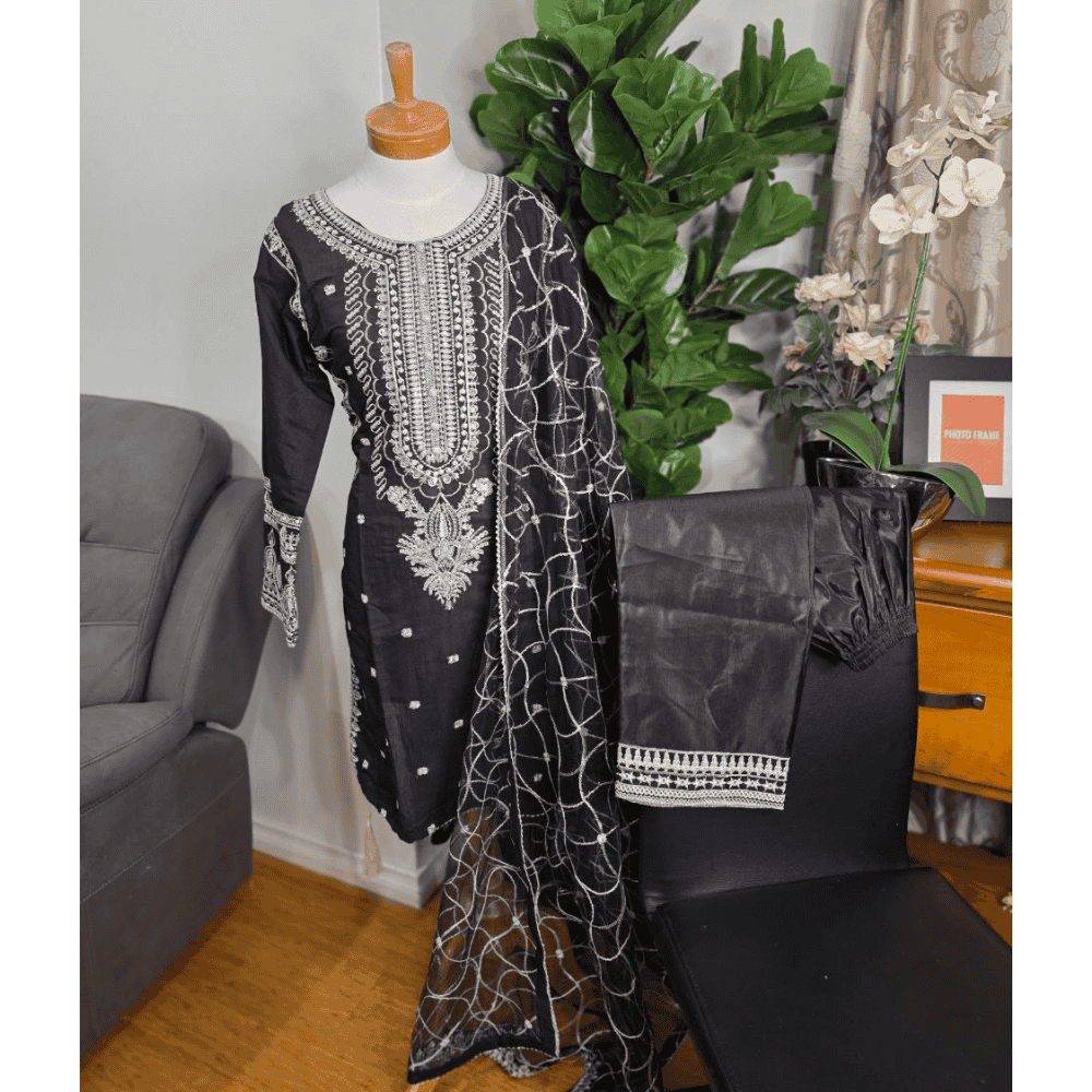 Black Pakistani Salwar Suit – Organza with Embroidery & Cotton Pajama