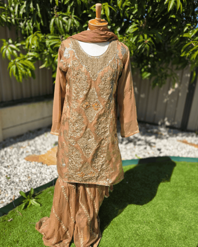 Brown Pakistani Dress – Embroidered Chiffon 4-Piece Set