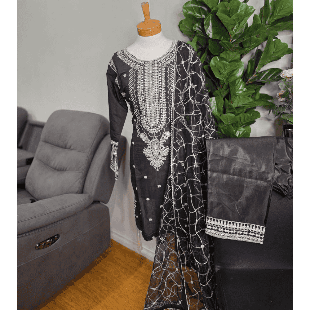 Black Pakistani Salwar Suit – Organza with Embroidery & Cotton Pajama