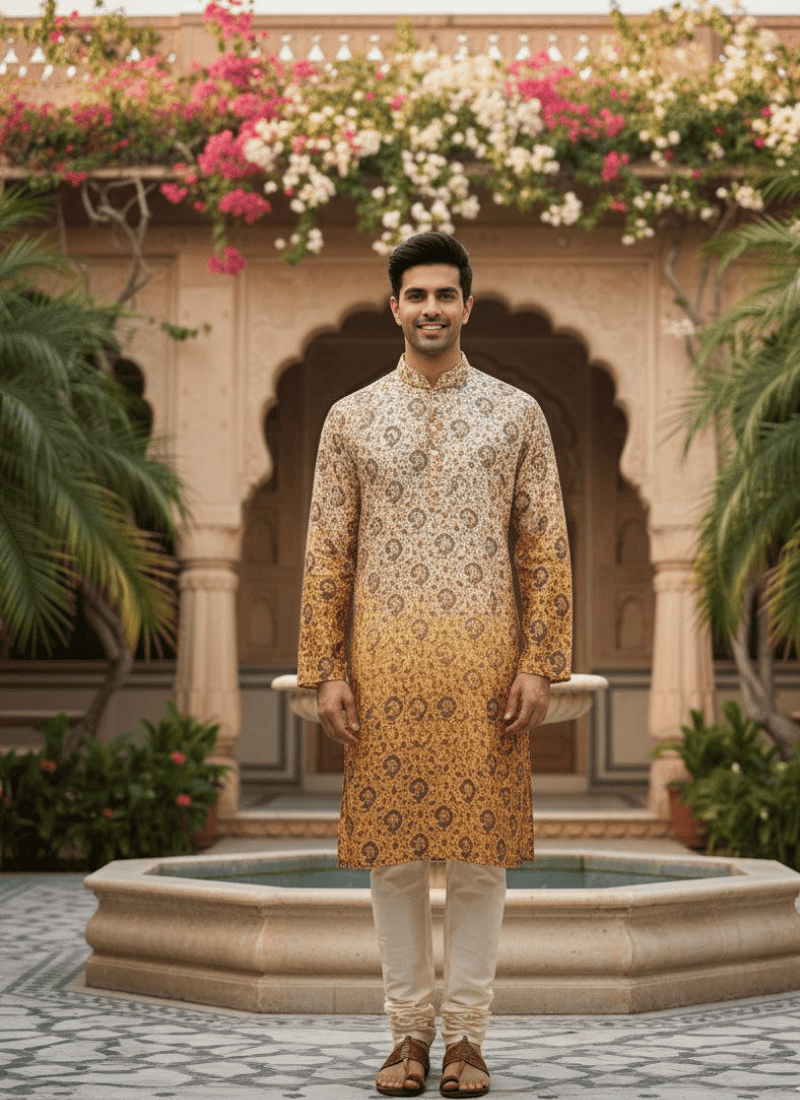 Dual Tone White & Orange Men’s Kurta with Embroidery