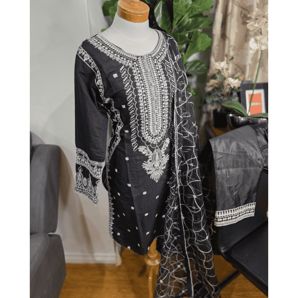 Black Pakistani Salwar Suit – Organza with Embroidery & Cotton Pajama