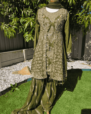Olive Green Pakistani 4-Piece Dress – Embroidered Chiffon Sharara Set 7