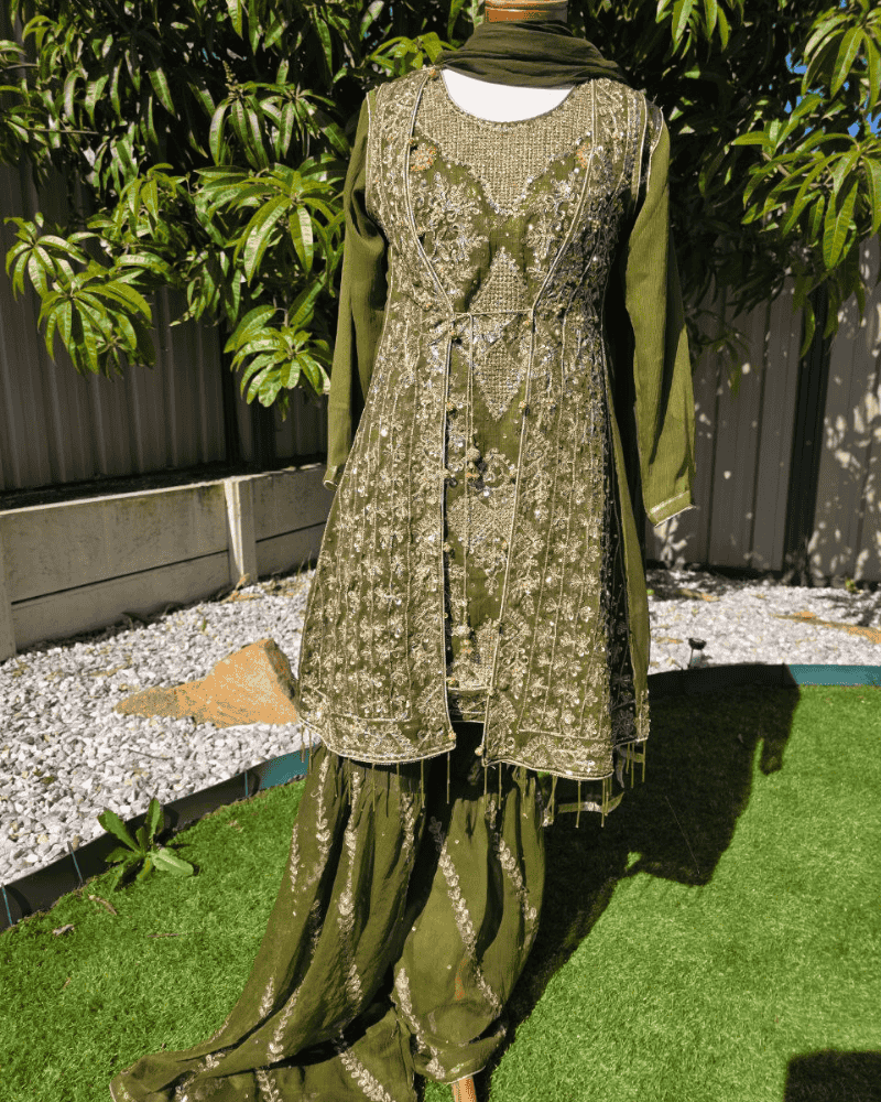 Olive Green Pakistani 4-Piece Dress Embroidered Chiffon Sharara Set - Gleemium Fashion Olive Green Pakistani 4-Piece Dress Embroidered Chiffon Sharara Set - Gleemium Fashion