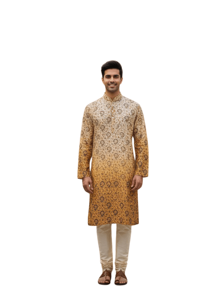 Dual Tone White & Orange Men’s Kurta with Embroidery