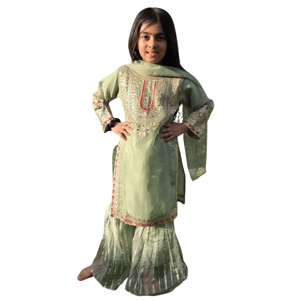 Mint Green Chiffon Kids Sharara Suit – Pishta Elegance