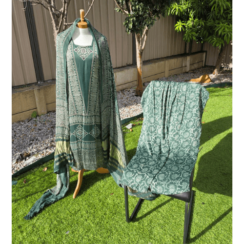 Green Ajrak Salwar Kameez – Pure Modal Fabric with Jari Border Dupatta