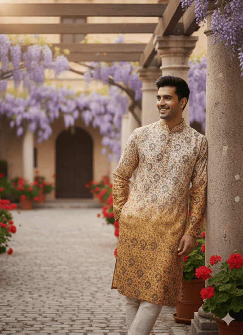 Dual Tone White & Orange Men’s Kurta with Embroidery