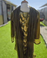 Olive Green Pakistani 4-Piece Dress – Embroidered Chiffon Sharara Set 6