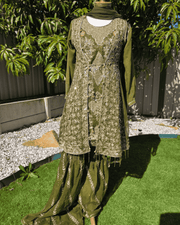Olive Green Pakistani 4-Piece Dress – Embroidered Chiffon Sharara Set 4
