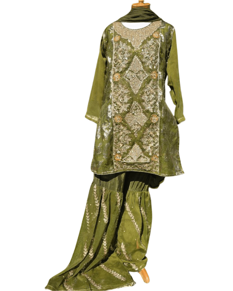 Olive Green Pakistani 4-Piece Dress