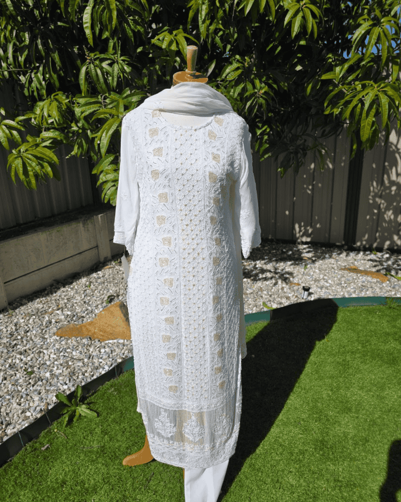 White Lucknow Handloom Salwar Suit – Thread & Mukesh Work