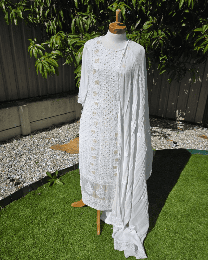White Lucknow Handloom Salwar Suit – Thread & Mukesh Work