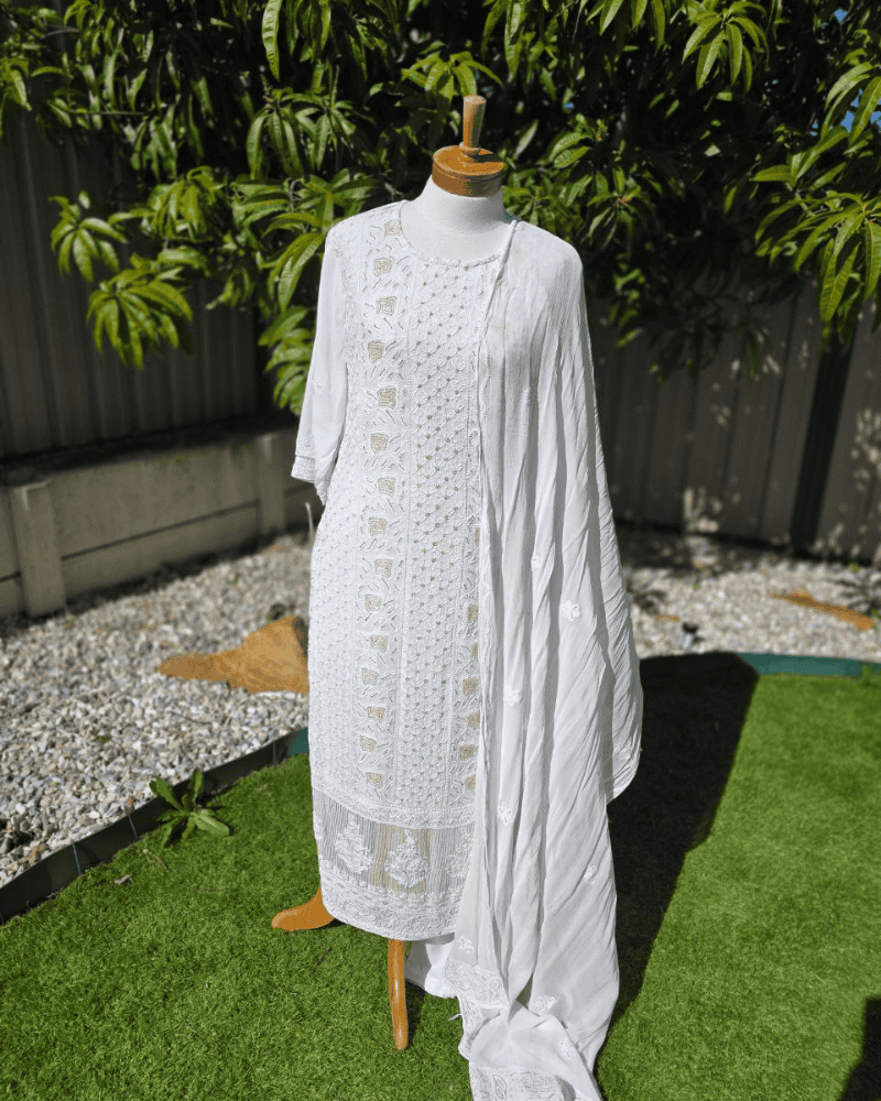 White Lucknow Handloom Salwar Suit – Thread & Mukesh Work