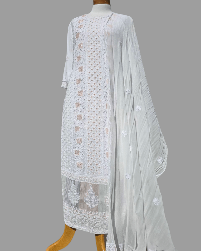 White Lucknow Handloom Salwar Suit – Thread & Mukesh Work