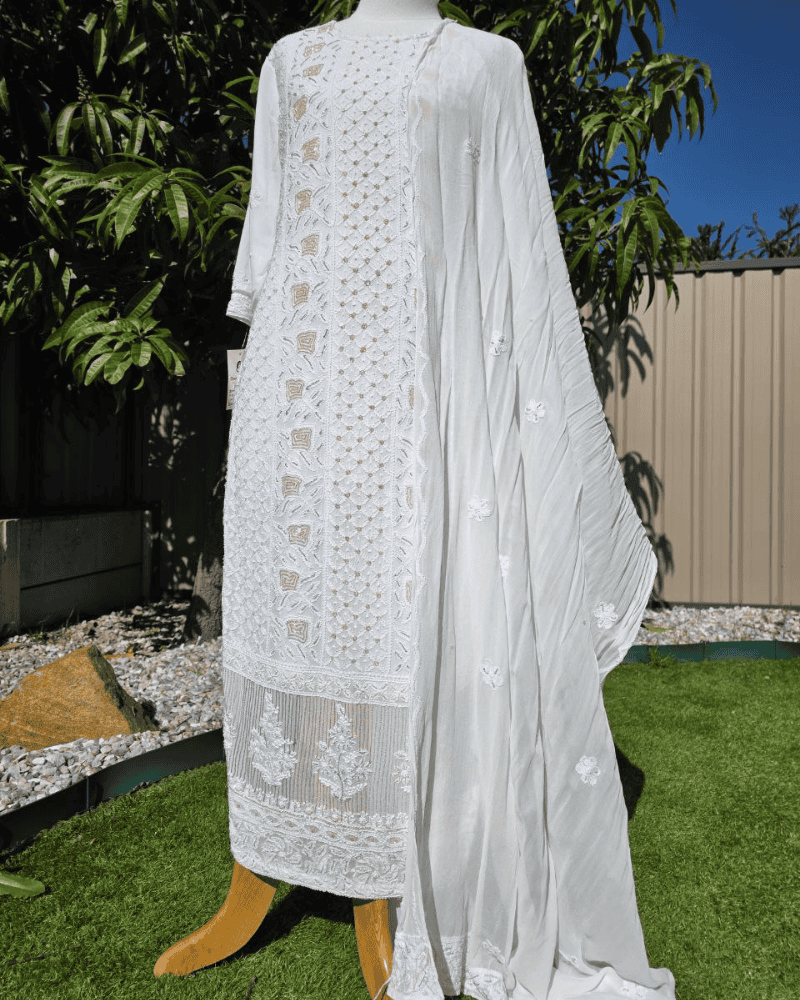 White Lucknow Handloom Salwar Suit – Thread & Mukesh Work