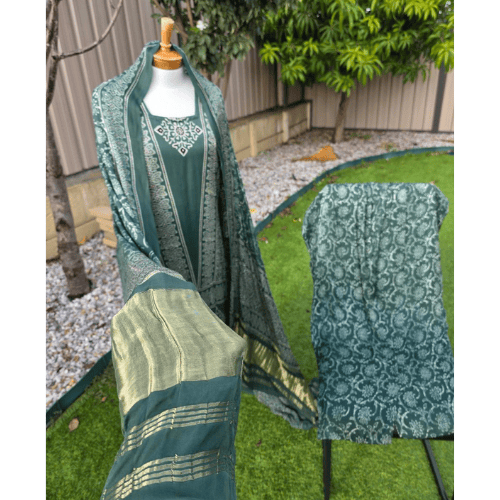 Green Ajrak Salwar Kameez – Pure Modal Fabric with Jari Border Dupatta