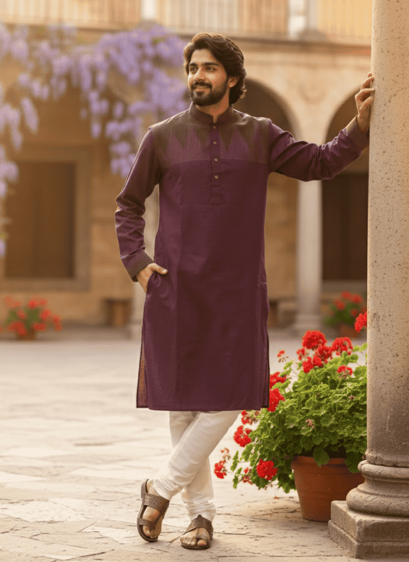 Purple Cotton Men’s Kurta – Body Fit Pattern