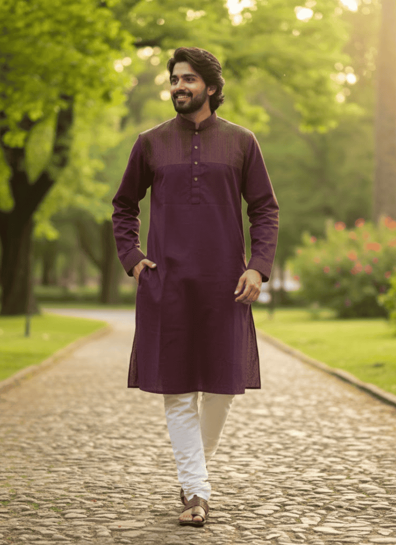 Purple Cotton Men’s Kurta – Body Fit Pattern