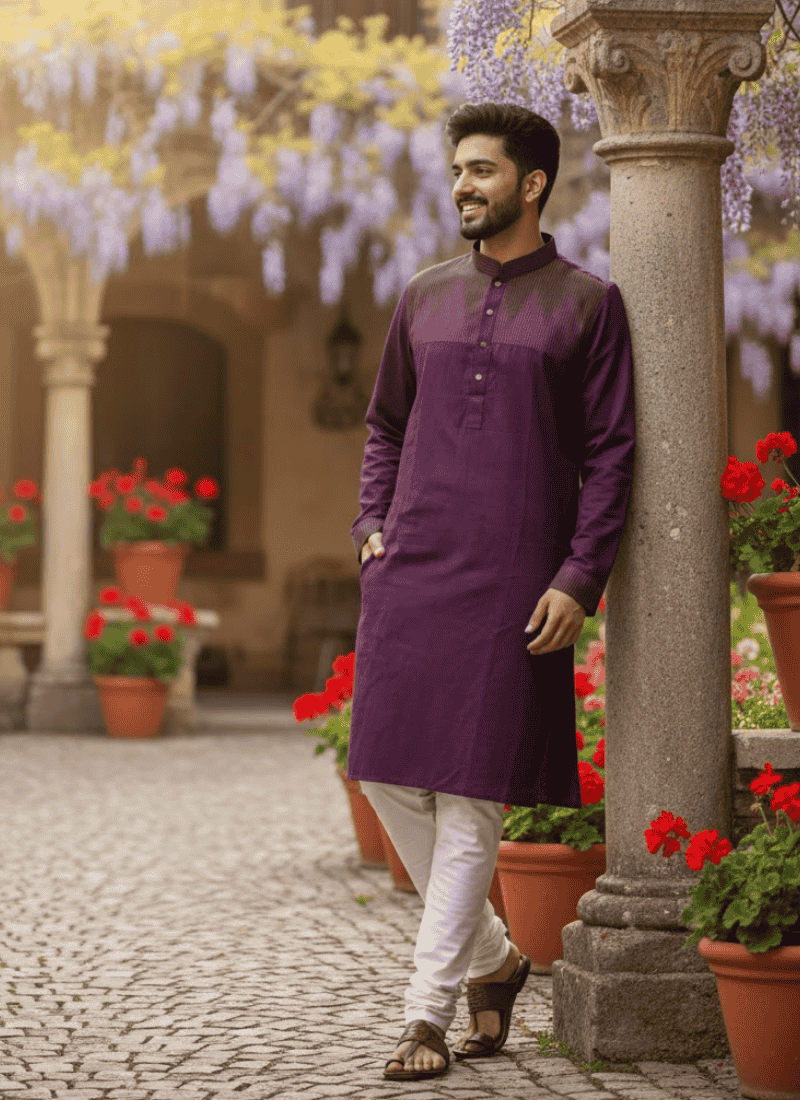 Purple Cotton Men’s Kurta – Body Fit Pattern