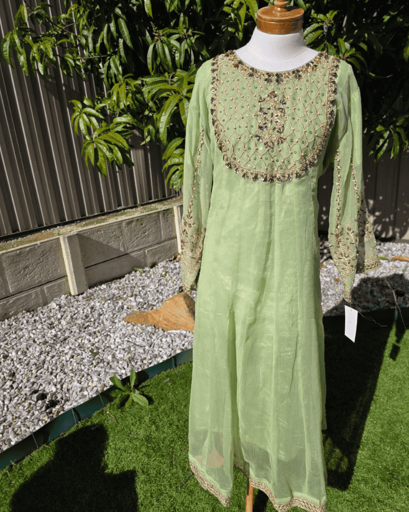 Pista Green Anarkoli Dress – Embroidered Chiffon with Silk Dupatta
