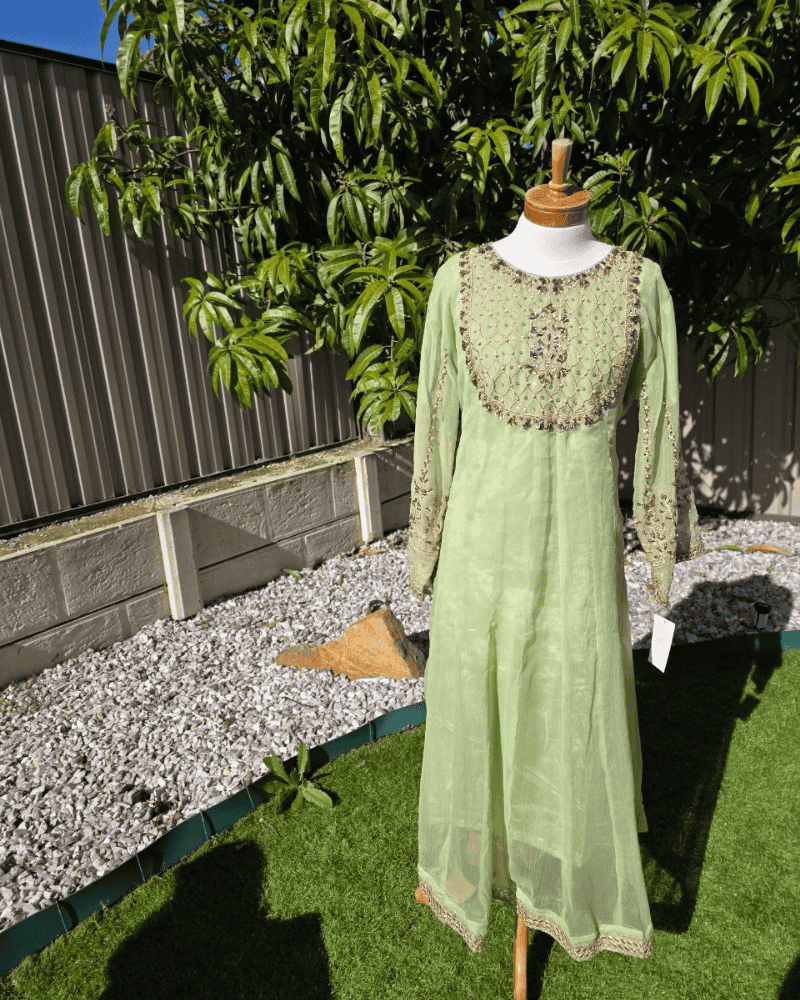 Pista Green Anarkoli Dress – Embroidered Chiffon with Silk Dupatta