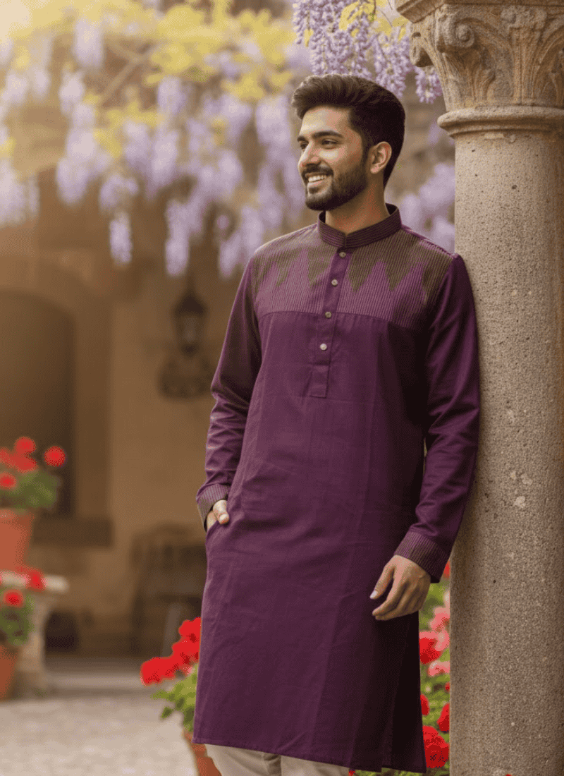 Purple Cotton Men’s Kurta – Body Fit Pattern