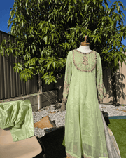 Pista Green Anarkoli Dress – Embroidered Chiffon with Silk Dupatta 9
