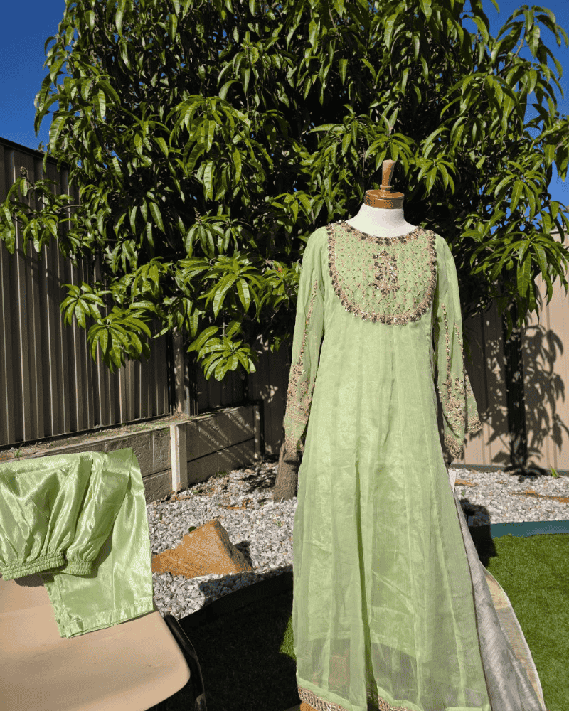Pista Green Anarkoli Dress – Embroidered Chiffon with Silk Dupatta