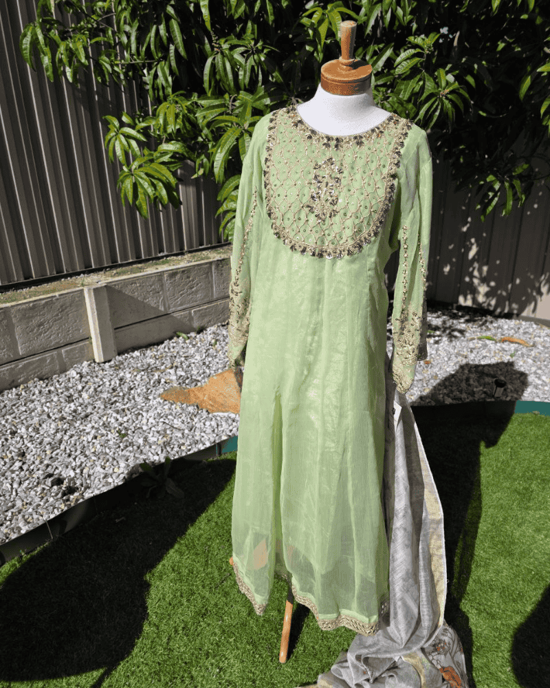 Pista Green Anarkoli Dress – Embroidered Chiffon with Silk Dupatta