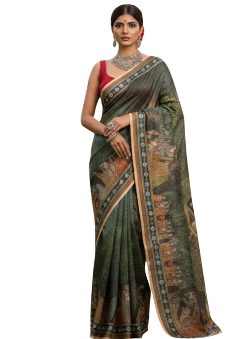 Green Tashar Silk Saree – Moha Rani & Moharaja Artistic Print