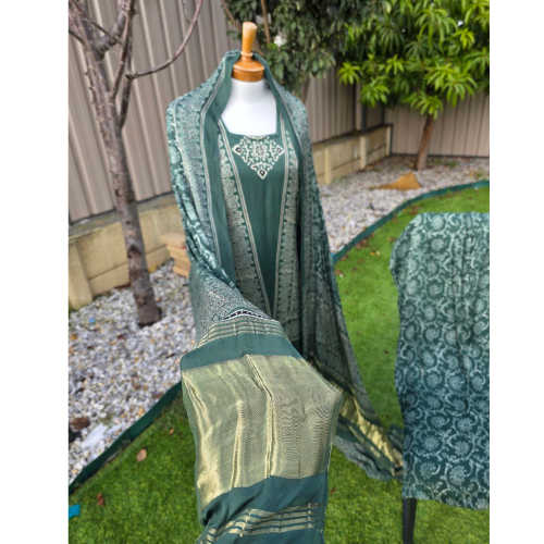 Green Ajrak Salwar Kameez – Pure Modal Fabric with Jari Border Dupatta