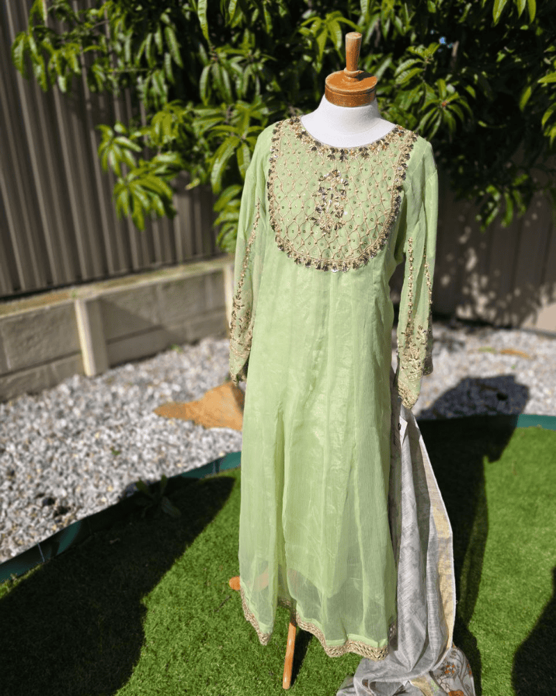 Pista Green Anarkoli Dress – Embroidered Chiffon with Silk Dupatta