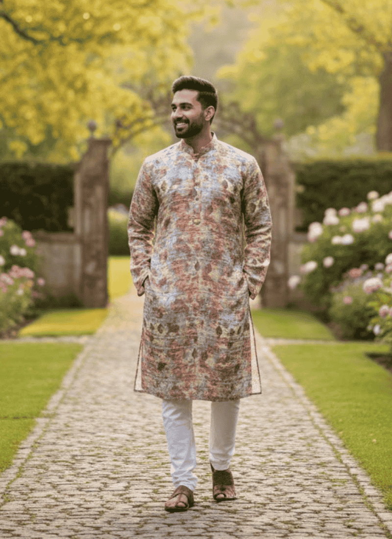 Multicolor Printed Linen Men’s Kurta