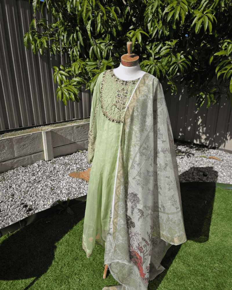 Pista Green Anarkoli Dress – Embroidered Chiffon with Silk Dupatta