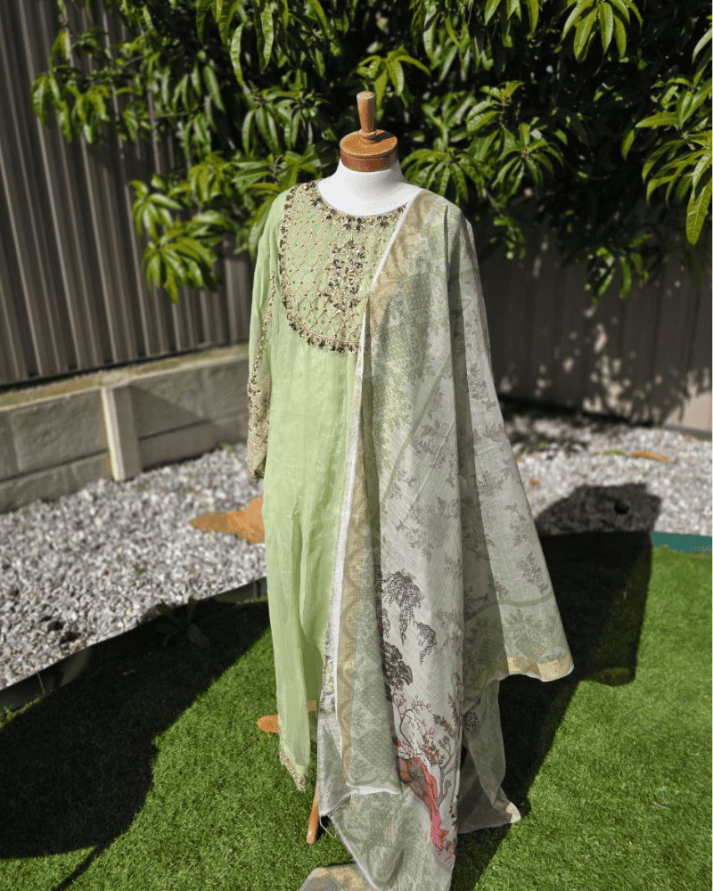 Pista Green Anarkoli Dress – Embroidered Chiffon with Silk Dupatta