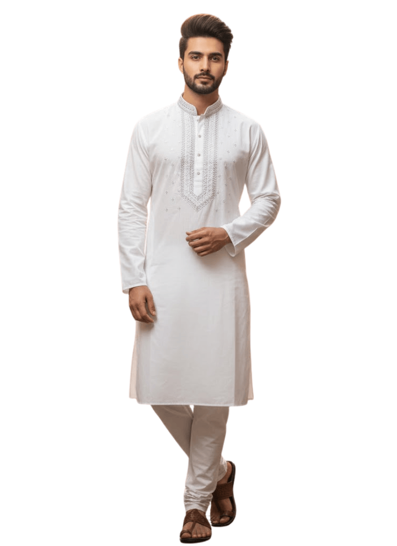 Pure White Cotton Men’s Kurta with Embroidery